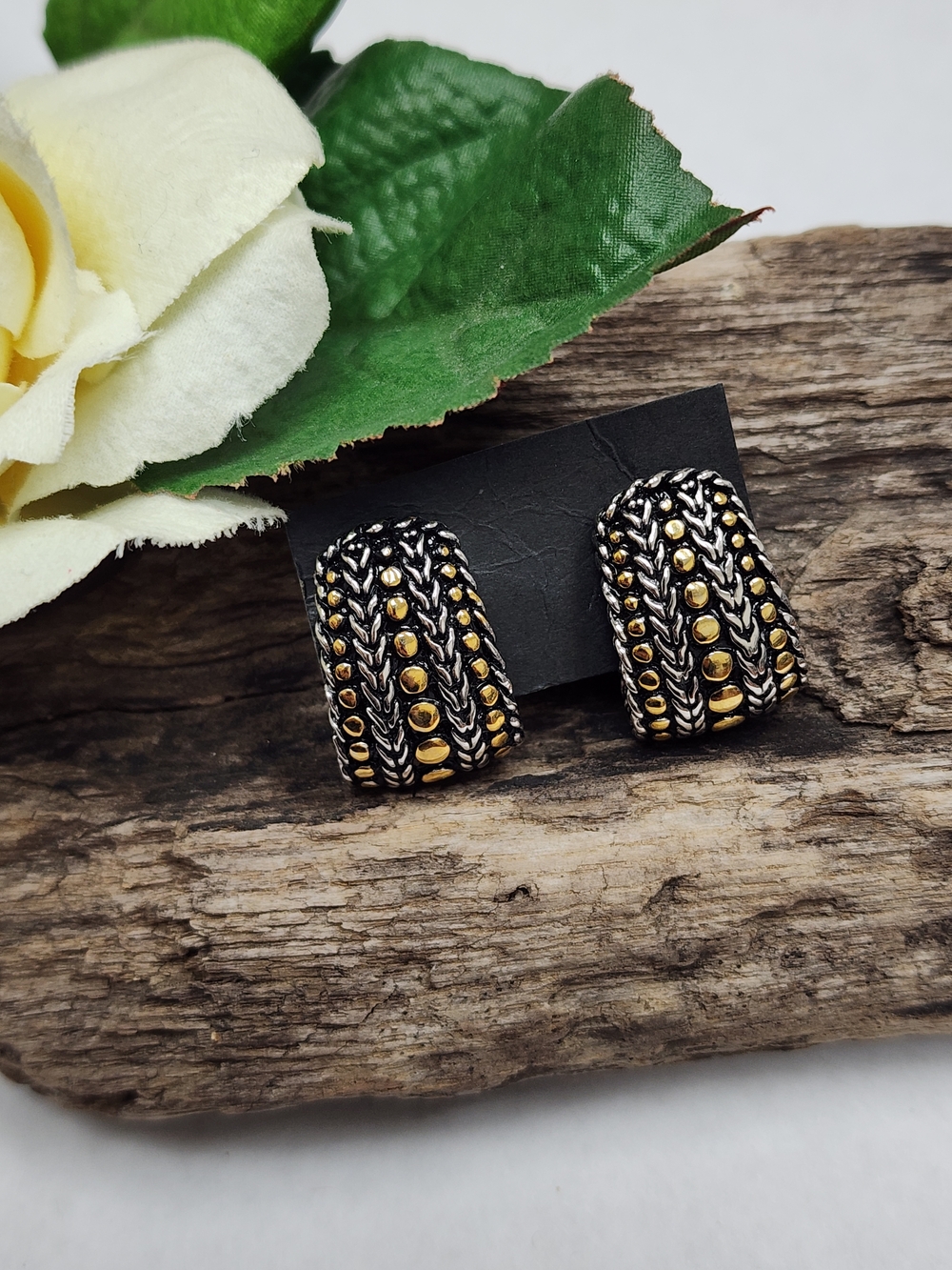 Vintage Gold & Silver Toned Braided Dome Huggie Earrings Pierced Earrings
